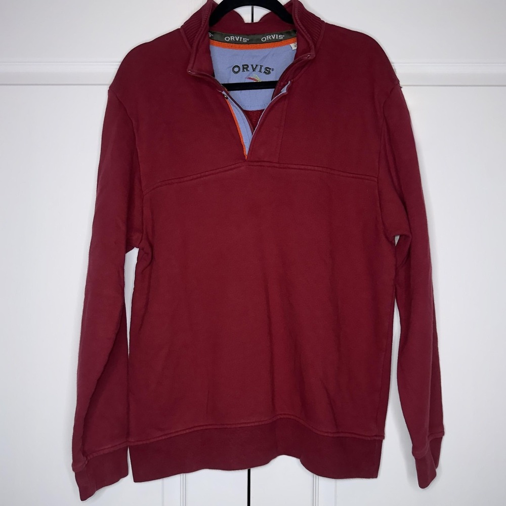 Orvis Sweatshirt Mens Medium Red Fleece Snap Mock Neck Pullover Logo Outdoor